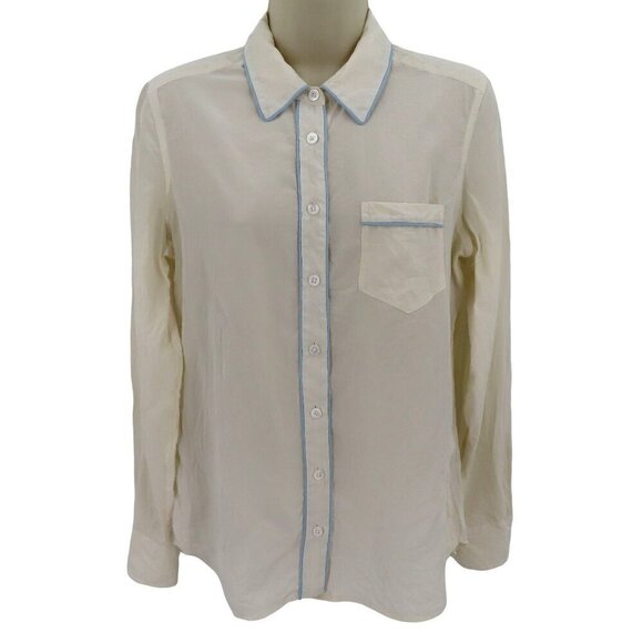 Equipment Femme Womens Small Ivory Blue Trim Collared Button Front Shirt Top - Picture 1 of 11